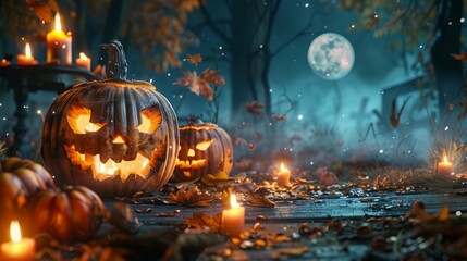 Naklejka premium Illuminated jack-o'-lanterns cast an eerie glow on a spooky Halloween night.