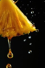 Macro closeup view of juicy dripping fresh pineapple slice cut