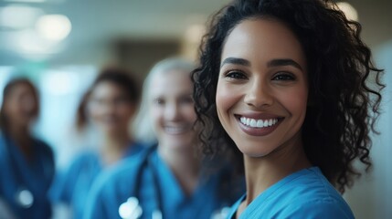 A supportive team of healthcare professionals, including doctors and nurses, smiling and showcasing leadership in a modern hospital setting