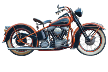 A vintage motorcycle isolated on a white background, highlighting its retro style and intricate details.