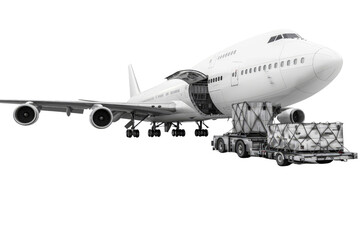 Obraz premium A cargo airplane isolated on a white background, featuring its spacious cargo hold and robust build.