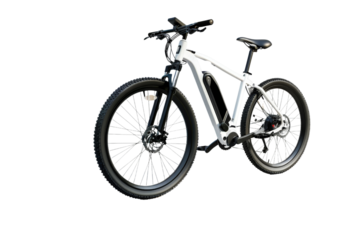 An electric bicycle isolated on a white background, featuring its integrated battery and pedal-assist technology.