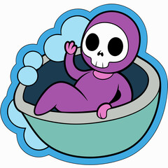 ticker of a skeleton mom relaxing in a bubble bath with skull-shaped bubbles