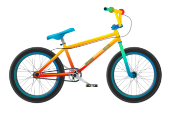 A colorful BMX bike isolated on a white background, showcasing its sturdy frame and freestyle capabilities.