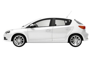Obraz premium A compact hatchback car isolated on a white background, highlighting its urban-friendly design and efficient size.