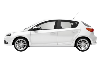 A compact hatchback car isolated on a white background, highlighting its urban-friendly design and efficient size.
