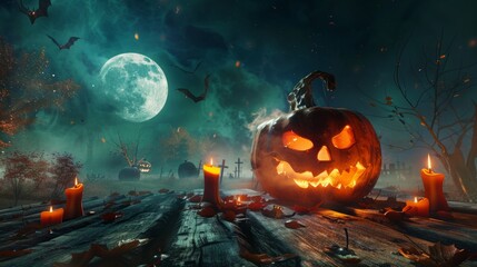 Naklejka premium A menacing jack-o'-lantern sits on a wooden table, glowing amidst flickering candles, against a backdrop of a haunting graveyard under a full moon.