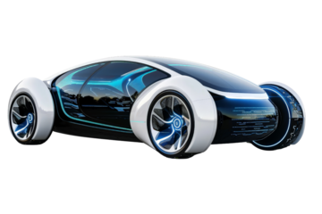 A futuristic electric car isolated on a white background, showcasing its innovative design and eco-friendly features.