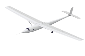 A glider airplane isolated on a white background, showcasing its long wings and sleek, engine-less design.