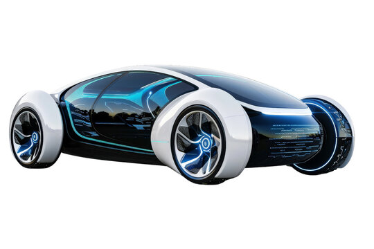 A futuristic electric car isolated on a white background, showcasing its innovative design and eco-friendly features.