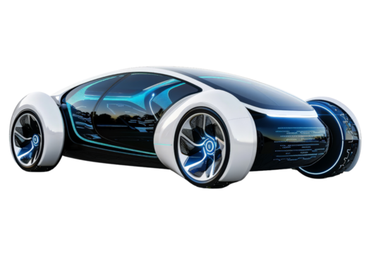 A futuristic electric car isolated on a white background, showcasing its innovative design and eco-friendly features.