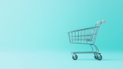 Shopping cart, light blue background, copy and text space, 16:9