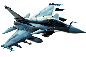 A military fighter jet isolated on a white background, featuring its advanced aerodynamic design and weaponry.