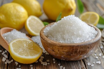 Citric Acid or Lemon Salt Presented on a Wooden Background, in a Wooden Bowl or Loose, Showcasing Natural Preservative and Flavor Enhancer