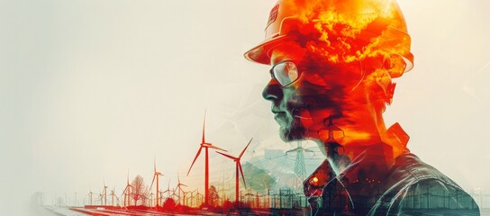 Double exposure illustration of an energy worker with wind turbines and power lines. This image represents the future of clean energy