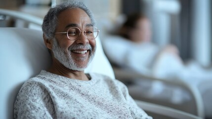 A happy patient sitting on a hospital bed, smiling warmly, and expressing gratitude for the care received, reflecting a positive recovery experience