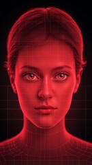red hologram human face projection grid technology abstract background with copy space