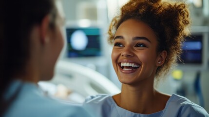 A happy patient interacting with a nurse, laughing and sharing a light-hearted moment in a hospital room, highlighting positive patient care