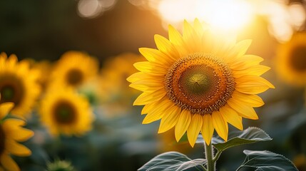 Golden Sunset Over Blooming Sunflower Field