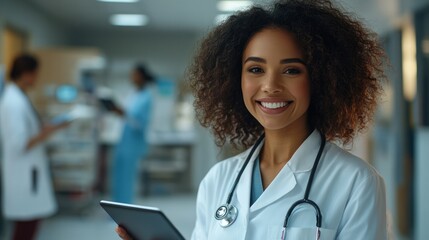 A happy female doctor, with a bright smile, holding a tablet and looking at the camera in a hospital setting, embodying compassion and expertise