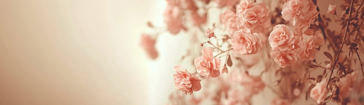 panoramic view of delicate pink roses with soft-focus background, banner with copy space, vintage flower photography. perfumery marketing, floral arrangement websites, romantic novel covers concept.