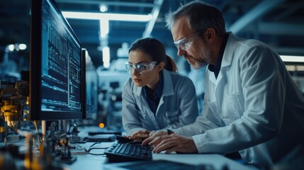 A female manager and a male industrial engineer analyzing a microchip prototype's production data on a desktop computer, in a modern automated electronics factory