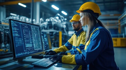 A female manager and a male industrial engineer analyzing a microchip prototype's production data on a desktop computer, in a modern automated electronics factory - Powered by Adobe