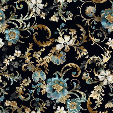 Seamless pattern of smooth intricate silk brocade with gold and teal floral motifs
