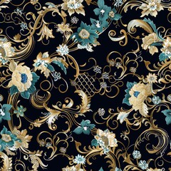 Seamless pattern of smooth intricate silk brocade with gold and teal floral motifs