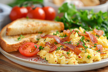 Breakfast of homemade scrambled eggs with bacon and toast