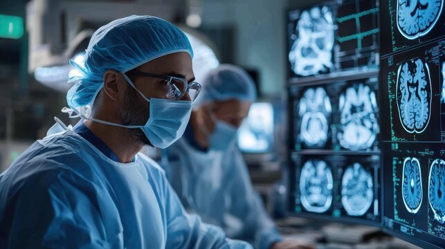 A doctor surgeon and neurologist working together to interpret brain scan results, surrounded by cutting-edge medical equipment in a clinical setting