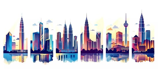 Obraz premium set of vector illustrations, trendy retro pop art poster style with different cityscapes featuring the allure tower in kuala lumpur cityscape