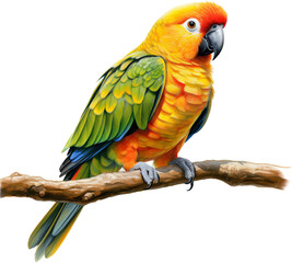 Obraz premium A colorful parrot is perched on a branch. The bird is green and yellow, with a black beak. The image has a bright and cheerful mood, as the parrot's colors are vibrant and lively