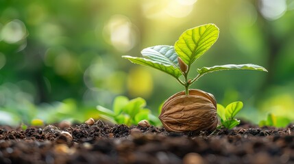  small sprouting plant emerging from a nut shell in fertile soil, illuminated by soft sunlight, symbolizing growth and new beginnings in a natural environment.