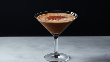 espresso martini with slightly sprinkled cocoa powder on top on a plain, no decorations, black background, 16:9