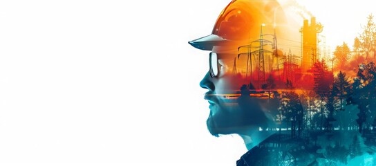 Illustration of a construction workers profile with a superimposed image of a bustling industrial landscape, conveying the workers dedication to building the future