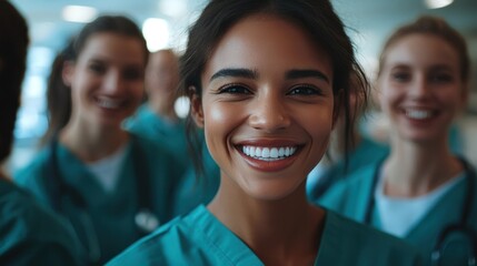 Fototapeta premium A diverse group of doctors and nurses smiling proudly, displaying leadership and teamwork in a hospital setting, celebrating success in healthcare