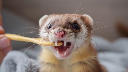 cute and curious ferret being gently brushed, showcasing the small animals teeth being cleaned by its owner.