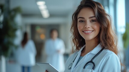 Fototapeta premium A beautiful and joyful female doctor, confidently holding a tablet in a hospital workplace, smiling at the camera, radiating warmth and dedication