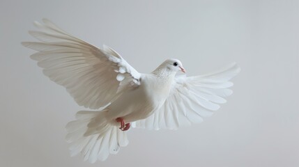 Obraz premium Flying white dove. Pigeon on a grey background.