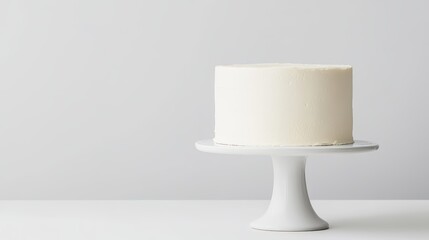 White birthday cake, minimal decor, clean and modern, on a white cake stand, crisp white backdrop, high-resolution photo, realistic photo