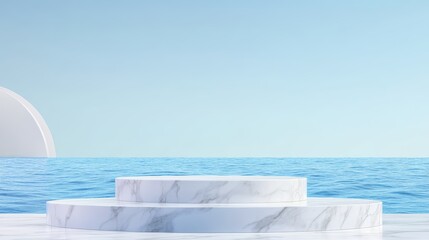 White marble podium, three steps, calm blue ocean background, minimalist, flat design illustration, copy space for text, ultra HD