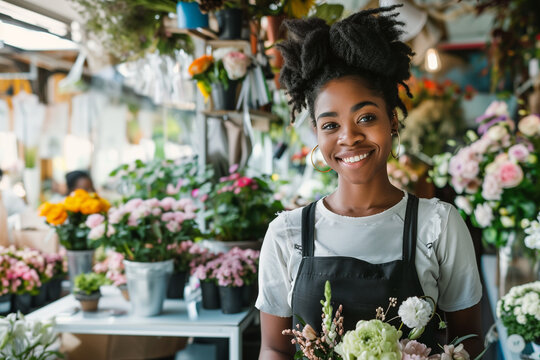 Smiling florist young black woman working in florist shop, looking at camera. Startup, small business, entrepreneur.