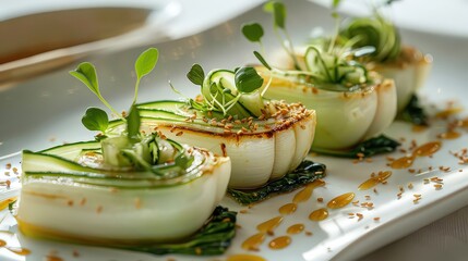 elegant presentation of pak choi used as a garnish or decorative element on a plated dish, highlighting its crispness and visual appeal.