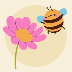 Cute kawaii bee and flowers in cartoon, flat, doodle, simple style. Design element for posters, postcards, greeting cards, wallpapers, children's clothes, fabrics, t-shirts, logos