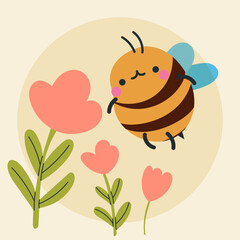 Cute kawaii bee and flowers in cartoon, flat, doodle, simple style. Design element for posters, postcards, greeting cards, wallpapers, children's clothes, fabrics, t-shirts, logos