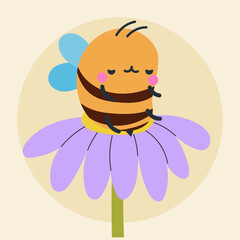 Cute kawaii bee and flowers in cartoon, flat, doodle, simple style. Design element for posters, postcards, greeting cards, wallpapers, children's clothes, fabrics, t-shirts, logos