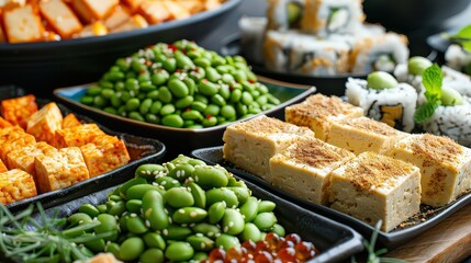 Fototapeta premium well-arranged display of Japanese-inspired dishes, featuring tofu, edamame, sushi, and other plant-based ingredients, emphasizing a balanced, nutritious, and visually appealing meal.