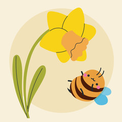 Cute kawaii bee and flowers in cartoon, flat, doodle, simple style. Design element for posters, postcards, greeting cards, wallpapers, children's clothes, fabrics, t-shirts, logos