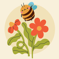 Cute kawaii bee and flowers in cartoon, flat, doodle, simple style. Design element for posters, postcards, greeting cards, wallpapers, children's clothes, fabrics, t-shirts, logos